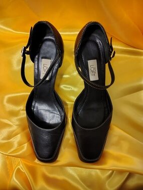 LOFT Black Leather Square-Toe Ankle-Strap Heels